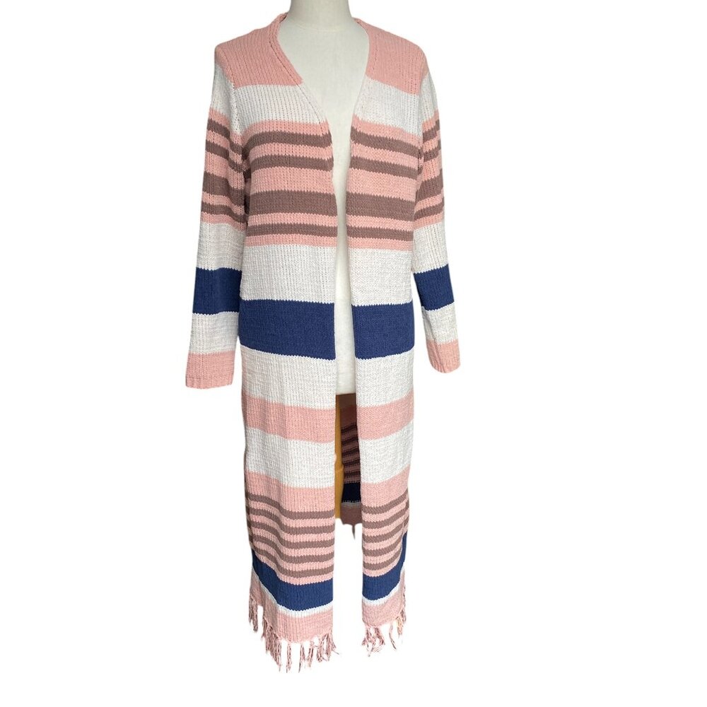 Umgee Striped Chenille Long Cardigan Pink Brown USA Boho Cottage Duster Tassel-S